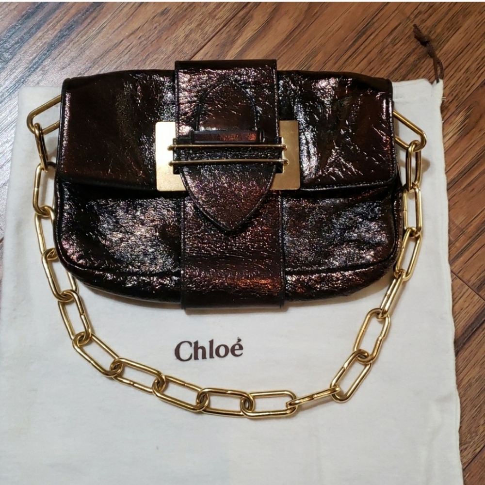 CHLOE Authentic Vintage Brown Leather Chain Shoulder Bag, Italy